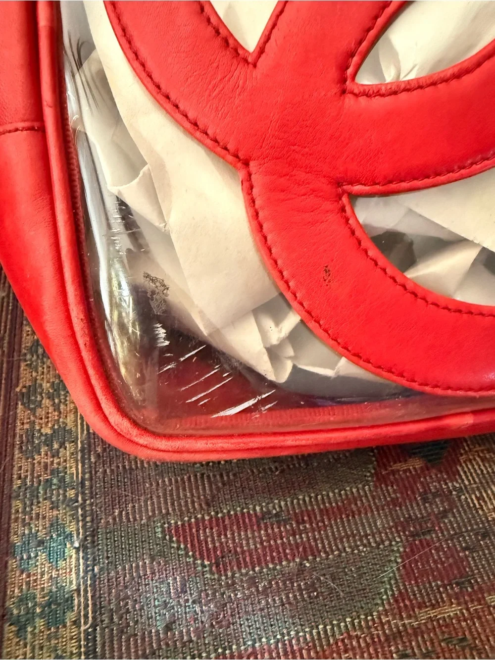 CHANEL VINTAGE RARE 90s Red Clear Vinyl Tote WITH Attached Inner Bag. - Picture 8 of 15